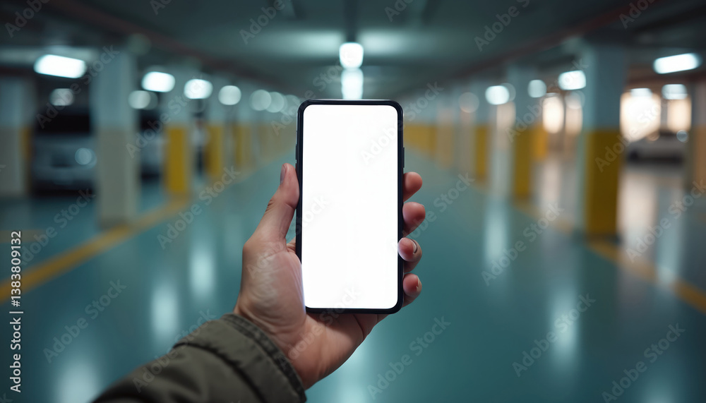 Aufkleber Hand holds smartphone with blank screen. Parking garage background. Empty white display with copy space for app or website tech, app interface. Navigation, mobile tech.