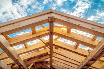 Roof construction site with exposed wooden beams under a blue sky Generative AI