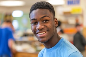 Obraz premium Young african american male volunteer at community center