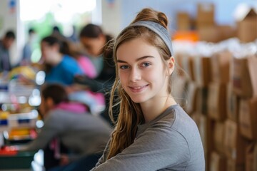 Fototapeta premium Young Caucasian female volunteer at community center