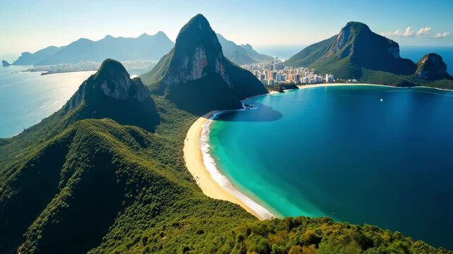 Aerial Panorama of Rio de Janeiro Breathtaking Landscape Video Footage. Guanabara Bay Scenery Stock Motion Picture for Travel, Vacation and Tourism Promotion