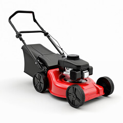 Fototapeta premium Red lawnmower stands isolated against white background. Three-dimensional render machine for grass cutting, gardening, yard work. Modern gardening tool with electric motor.