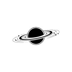 Minimalist Black Planet with Rings on White, Space Illustration