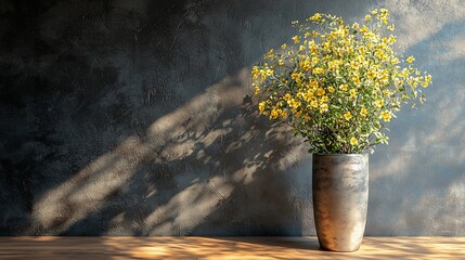 Vase of yellow flowers against a textured wall