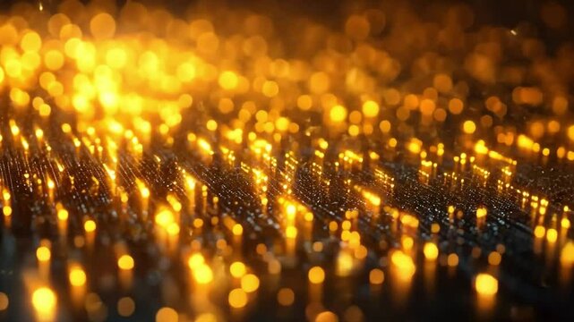 Golden Microscopic World: A mesmerizing array of radiant golden lights dances across the landscape, with an evocative and dynamic atmosphere