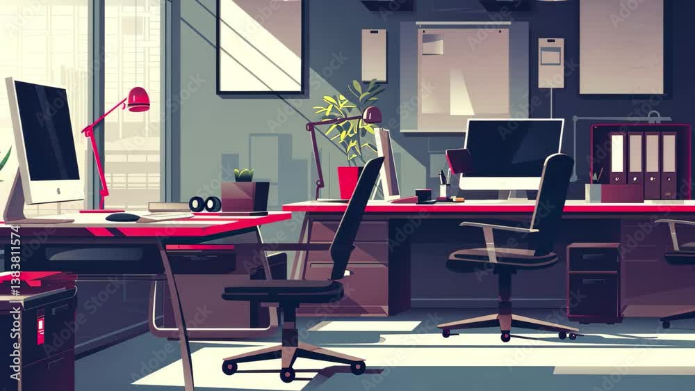 Poster modern office workspace with bright natural light and sleek design showing a blend of technology and