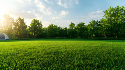 Obraz premium Wide Shot Of Lush Green Grass Field With Trees Under Sunny Sky