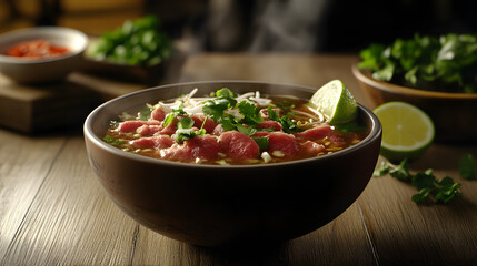 Aromatic Beef Soup Bowl with Fresh Herbs and Lime, steaming on a rustic wooden table. A comforting meal with balanced flavors, perfect for cozy evenings.