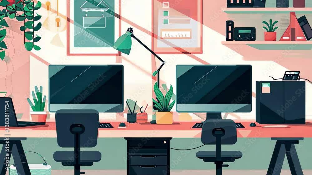 Poster modern workspace in vibrant colors featuring multiple computers, plants, and desk accessories in a b