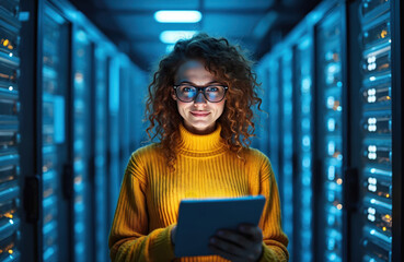 Young female engineer works on digital tablet in server room. Smiling specialist in eyeglasses stands among server racks. Data center technician at workplace in modern technology infrastructure. High