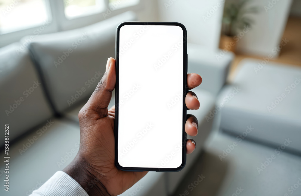 Poster african american man holds smartphone mockup with blank white display for app ads. mobile applicatio