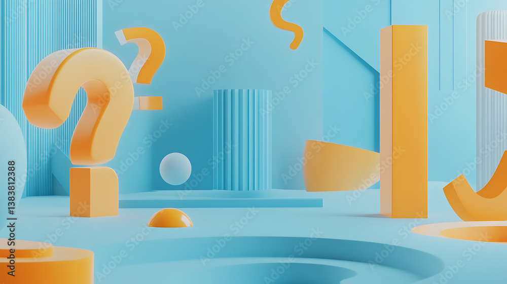 Aufkleber Creative question marks on blue backdrop with mock up place, ask, solution and faq concept, 3d rendering