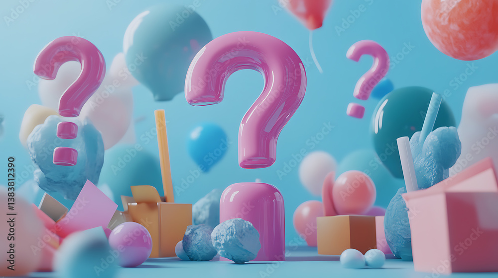Poster creative question marks on blue backdrop with mock up place, ask, solution and faq concept, 3d rende