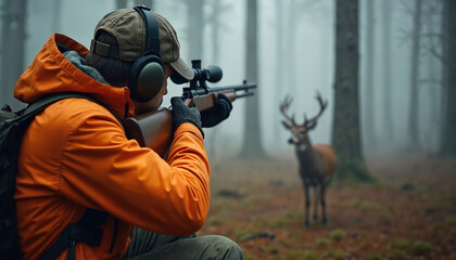 Hunter aiming rifle at deer in forest. Man with backpack wearing cap and ear protection ready to hunt. Outdoor recreation, wildlife and animal theme. Active lifestyle, nature and hunting.