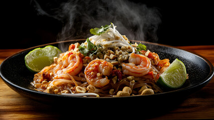 Steaming hot plate of Pad Thai noodles with shrimp, peanuts, bean sprouts, and lime wedges. A delicious and aromatic Asian cuisine dish served in a stylish black bowl.