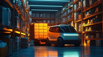 Autonomous delivery vehicle in high-tech warehouse innovative logistics environment