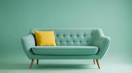 Cute mint loveseat sofa with yellow pillow against green wall with bookcase, scandinavian, mid-century home interior design of modern living room
