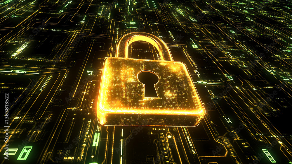 Poster Cyber security concept, network security with padlock on screen, hologram data screen, 3d render