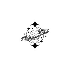 Minimalist Line Art Planet Saturn with Stars: Celestial Logo or Tattoo Design