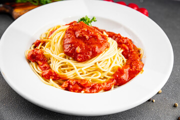 Spaghetti bolognese pasta tomato sauce tasty fresh delicious gourmet food background table rustic food top view copy space