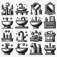 Bathroom sink icon set in black and white stock illustration