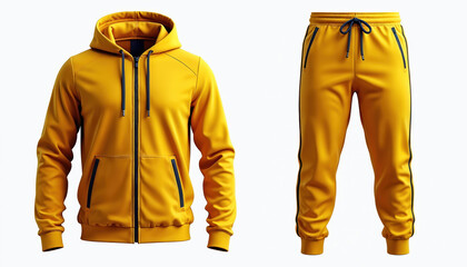 Yellow tracksuit set mockup isolated on white background. Modern casual sport outfit with hoodie, joggers. Comfortable unisex design. Perfect for gym, fitness, training, fashion, leisure. Template