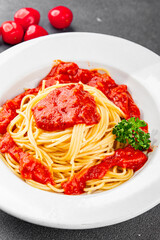 Spaghetti bolognese pasta tomato sauce tasty fresh delicious gourmet food background table rustic food top view copy space