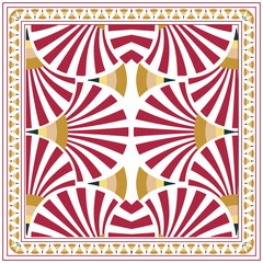 Abstract square print saree, geometric pattern with red, white, and gold tone, and a decorative border.