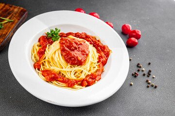 Spaghetti bolognese pasta tomato sauce tasty fresh delicious gourmet food background table rustic food top view copy space