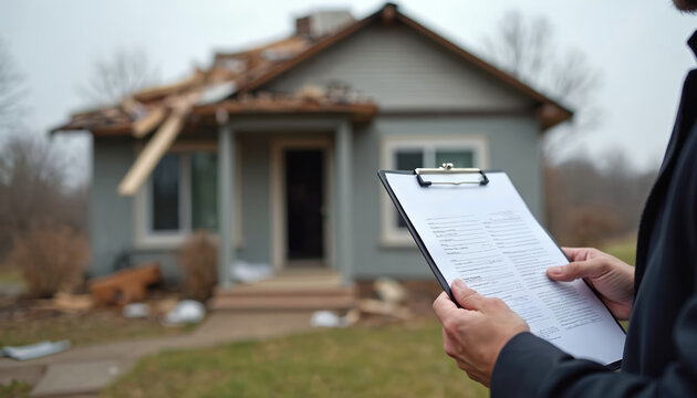 Insurance adjuster assesses home damage after storm. Property damage assessment after natural disaster. Man with clipboard evaluates destruction, reviewing paperwork. Insurance claim process for