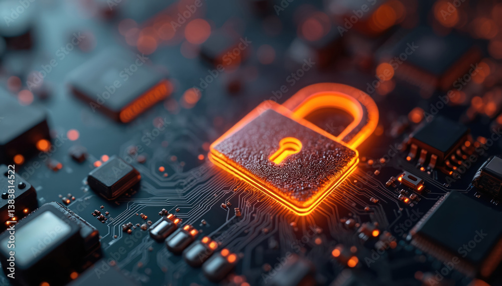 Poster Illustration features digital lock symbol overlaid on circuit board. Advanced cryptography tech concept. Security, data protection, information safety. Secure online connection. Digital privacy, data