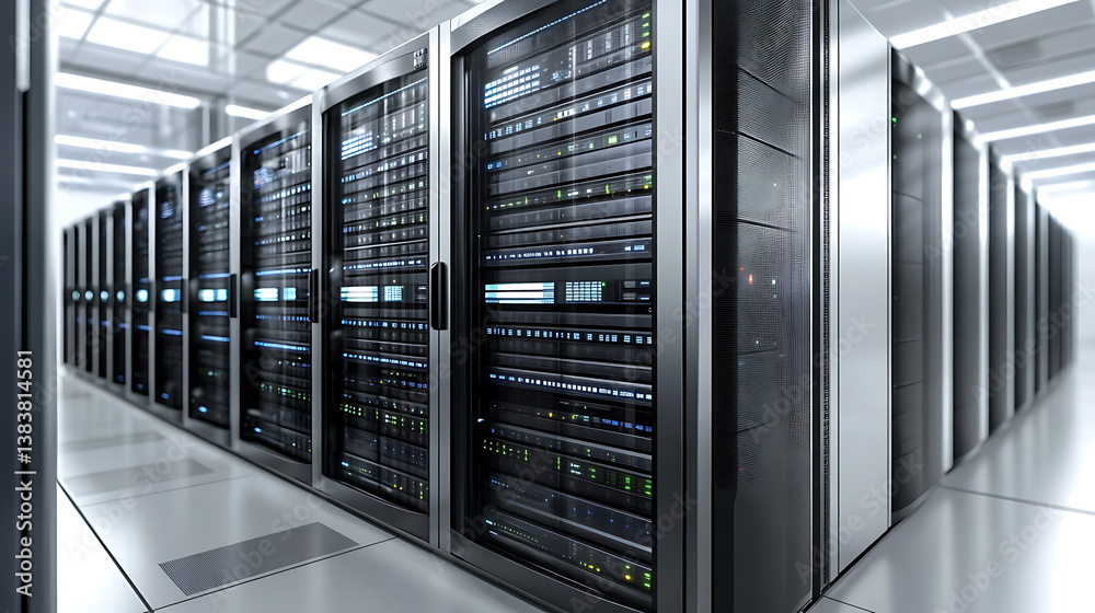 Poster data center or server room with servers of information cloud storage futuristic modern 3d illustrati