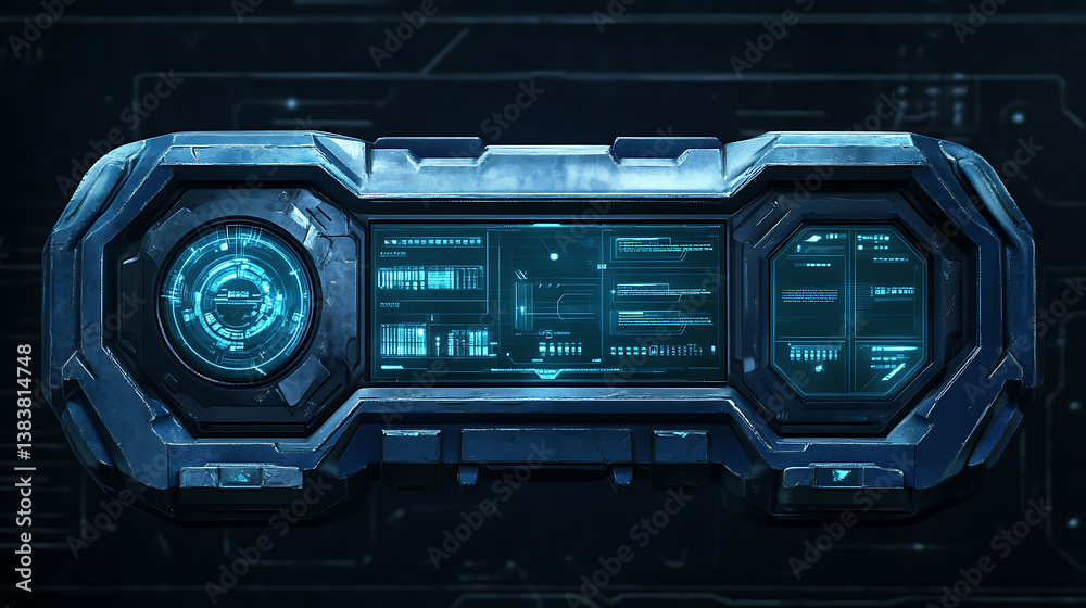 Poster dashboard, with various graphics for a game or movie, in futuristic blue hud style, isolated innovat