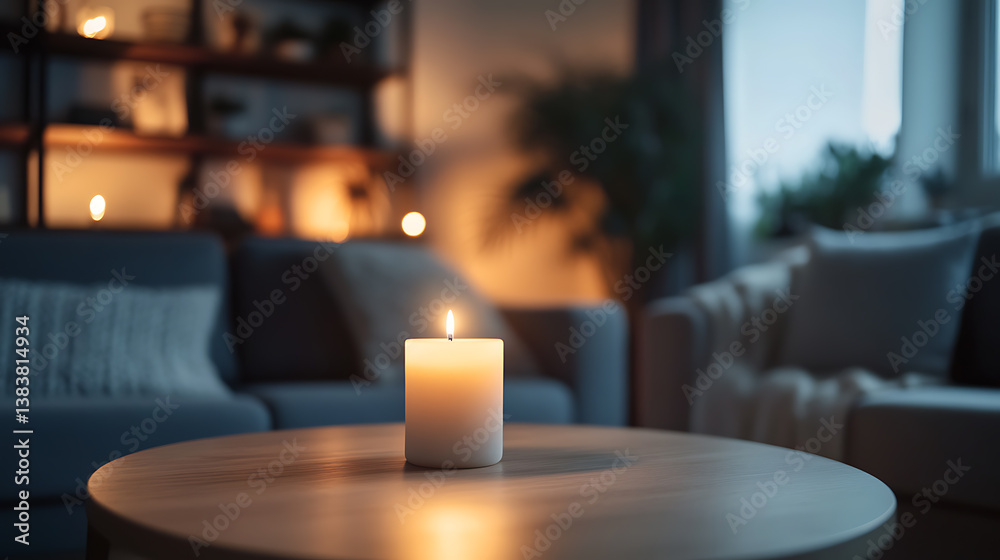 Poster Defocused living room with candle burning on table with empty space for product placement or presentation background