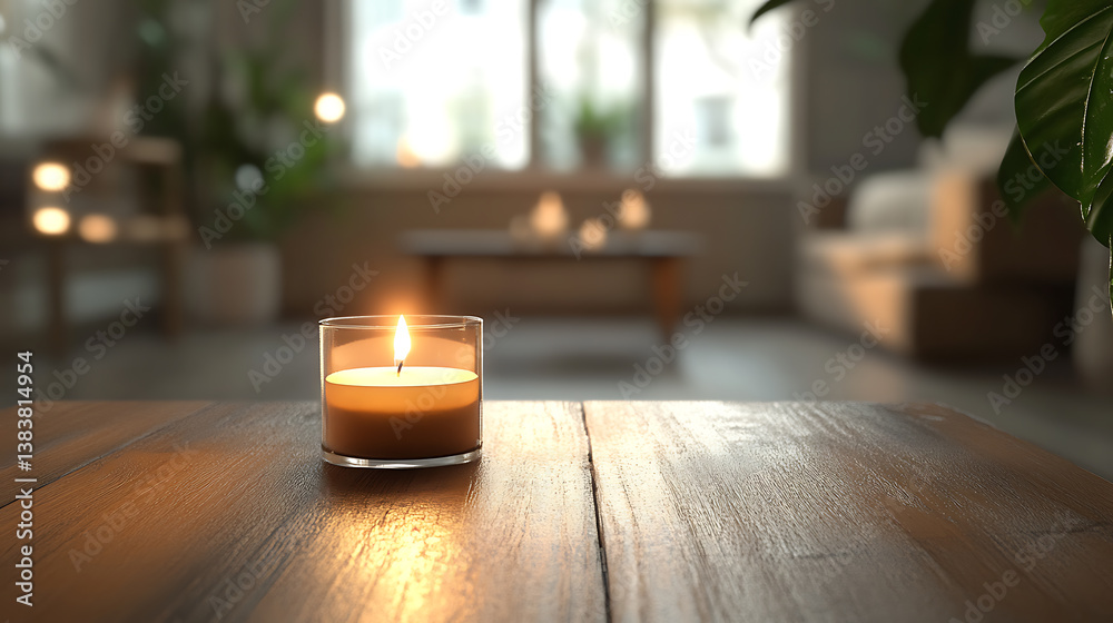 Aufkleber Defocused living room with candle burning on table with empty space for product placement or presentation background