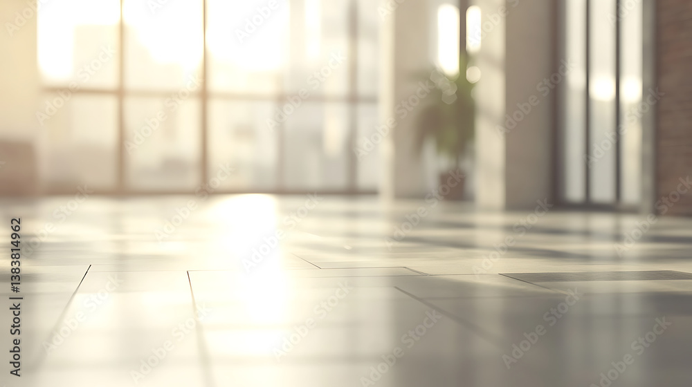 Poster defocused modern open space office with large bright windows in downtown district