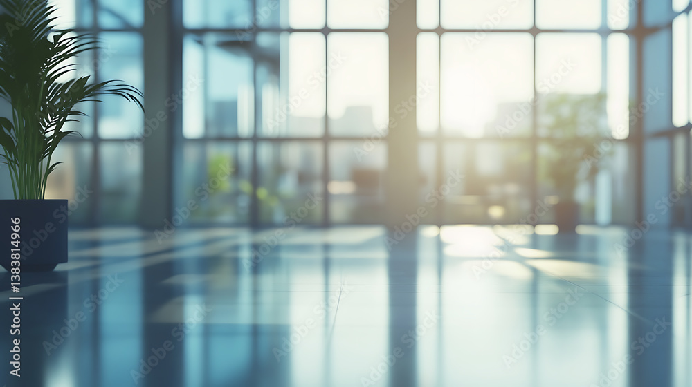 Poster defocused modern open space office with large bright windows in downtown district