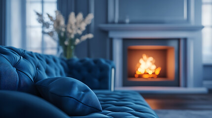 Fototapeta premium Defocused living room background with blue sofa and fireplace