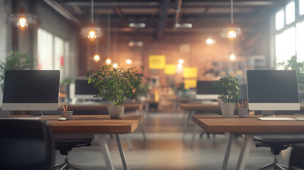 Defocused open space workplace with desks and computers