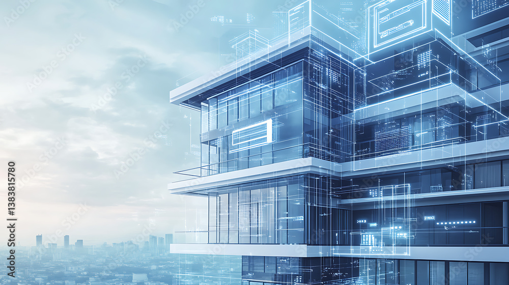 Poster design concept of a smart building, engineering of smart building's autonomous control system, commu