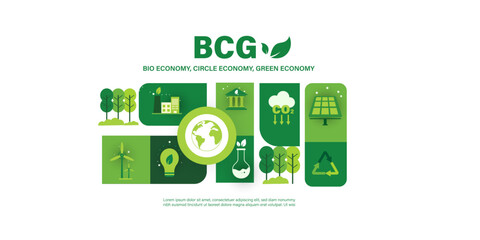 ecology BCG concept for sustainable economy development. Bio economy, circle economy, green economy with icons, solar energy, recycle, carbon emission, city, green house, net zero