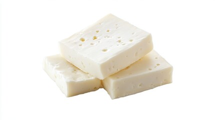 Three pieces of white cheese cubes isolated on white background.