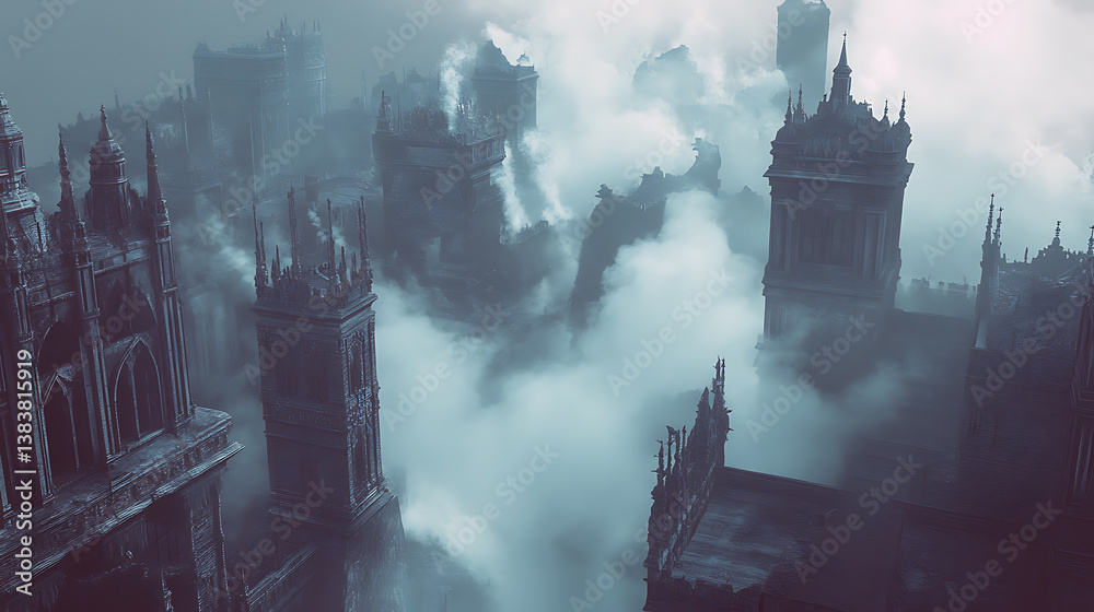 Poster destroyed buildings of the metropolis stand in smoke, 3d rendering