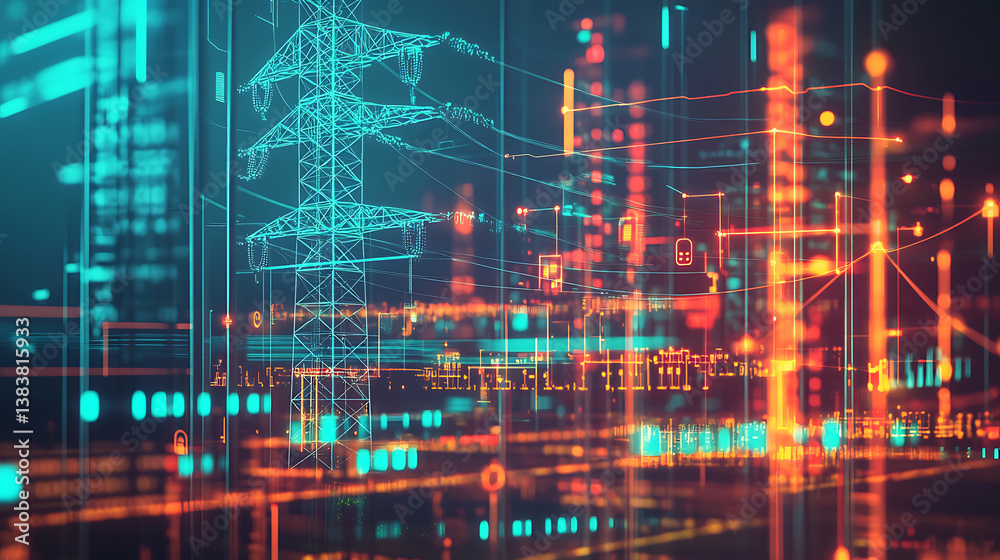 Poster detailed electricity grid diagrams showcasing cost analytics with vibrant graphics and charts, highl