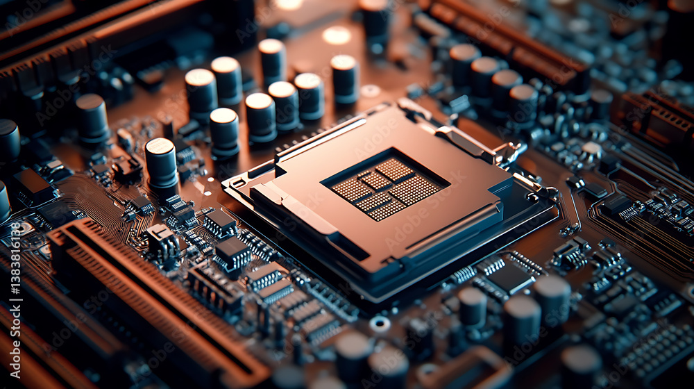 Poster developing hardware electronics concept, including circuit boards, motherboards, cpu chips, memory b