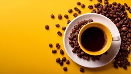 Obraz premium cup of coffee with foam and scattered coffee beans on bright background top view with space for text