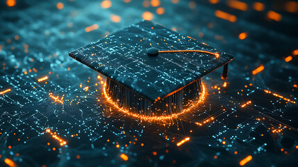 Digital artwork of a graduation cap made from glowing digital connections, representing the impact of technology in education