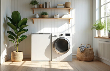 Bright laundry room interior with washing machine dryer, shelves, basket and big green plant. White wood design. Modern domestic equipment in clean home.