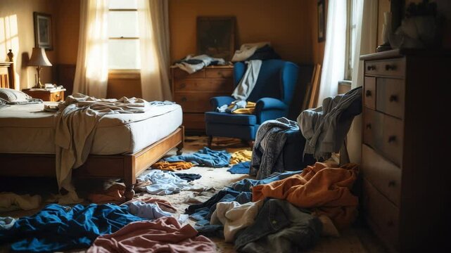 Messy bedroom with clothes scattered on floor and furniture, untidy living space, home organization problem, cluttered room, cleaning concept, interior disorder, lifestyle blog, housekeeping
