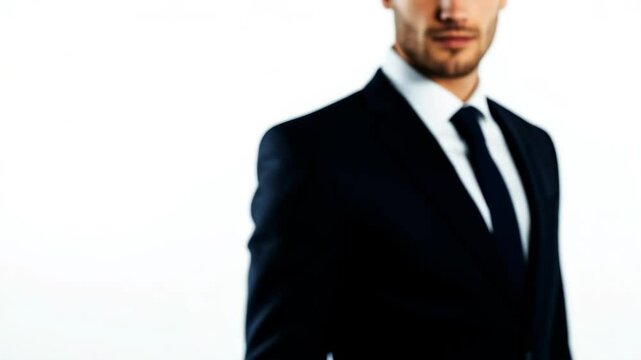 Businessman in formal suit pointing at camera on white background, leadership concept, business communication, corporate decision making, career growth, business blog, advertisement, success strategy